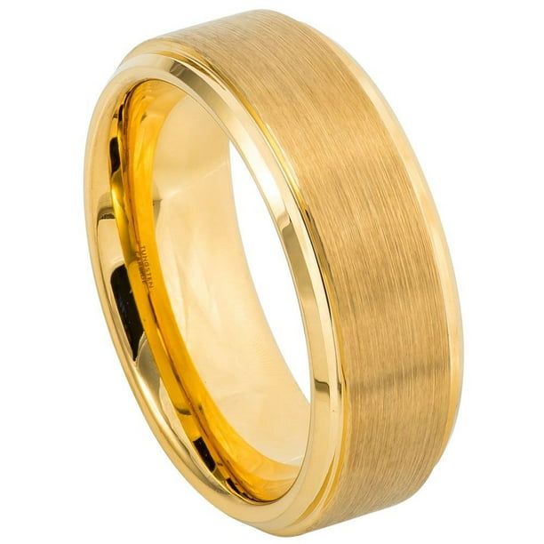Tungsten Ring Unisex Yellow Gold IP Plated Flat Brush Center High Polish Edge
